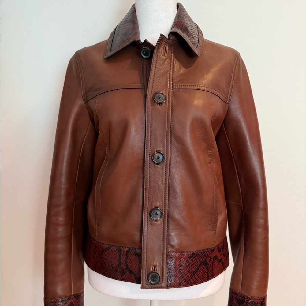 Massimo Dutti Tan Leather Jacket with Snakeskin Accents